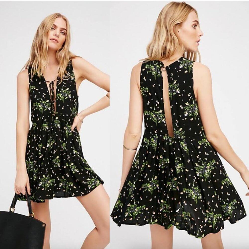 Free People Lovely Day Black Floral Printed Tie Tunic Dress